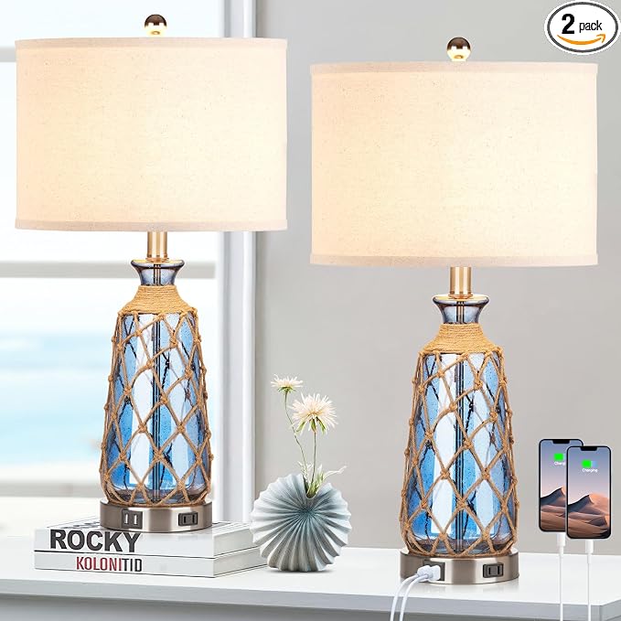 Ruzectt 25.5" Coastal Glass Table Lamps Set of 2, 3-Way Dimmable Touch Control by Home