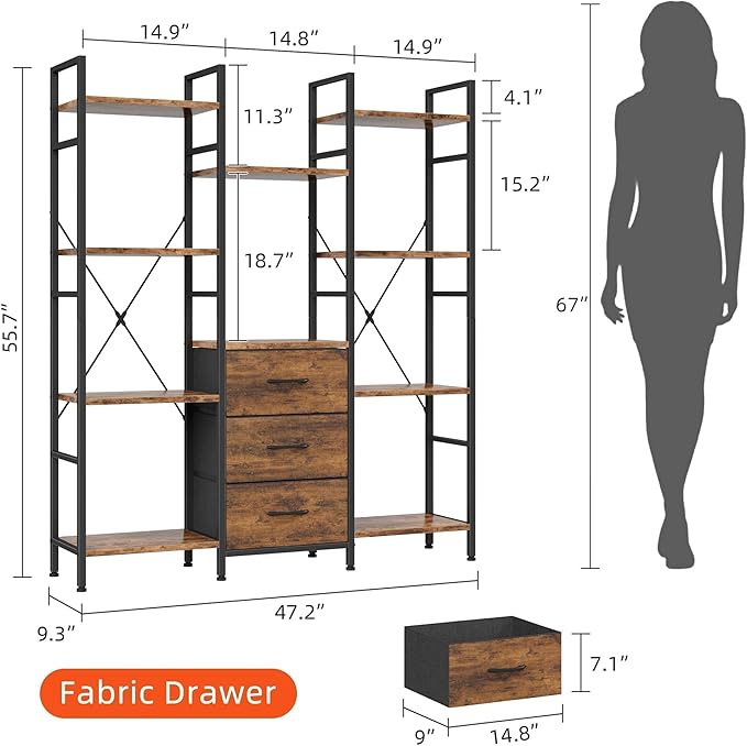 AFLUI Triple Bookshelf with 3 Fabric Drawers, 4-Tier Book Shelf and 10 Display - Image 3