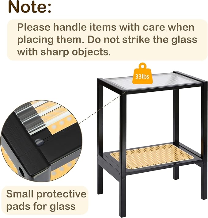 2-Tier Bamboo Side Table, Modern Glasstop Rattan Side Table, Mid Century Wood - Image 4