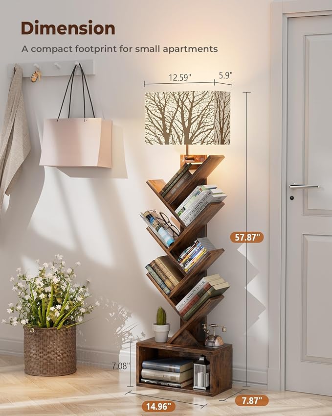 Evermagin Tree Bookshelf with Light, 6 Tier Small Bookcase, Narrow Floor - Image 2