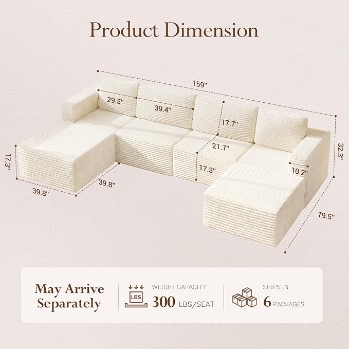 Vesgantti 159" Large Modular Sectional Sofa, U-Shaped Corduroy Cloud Couch - Image 2
