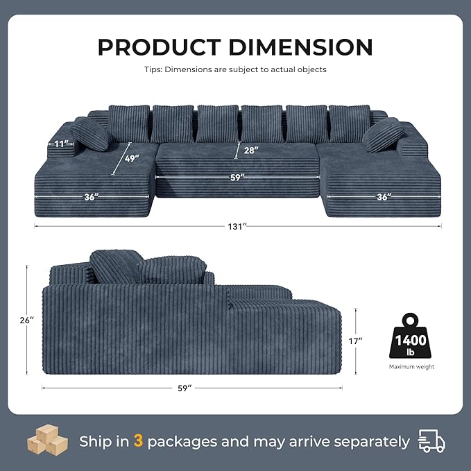 131'' Modular Sectional Cloud Sofa, U-Shaped Boneless Couches - Image 2