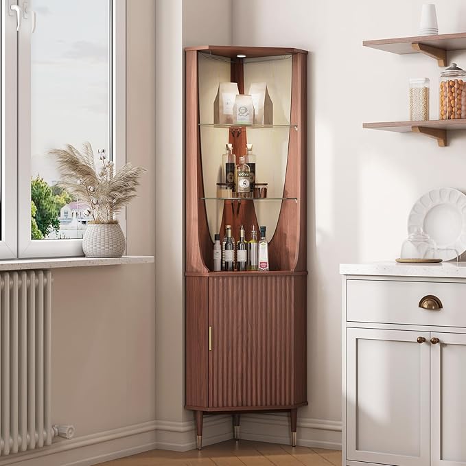 JOINICE 70" Tall Corner Bar Cabinet, Mid-Century Modern Fluted Storage Cabinet - Image 4