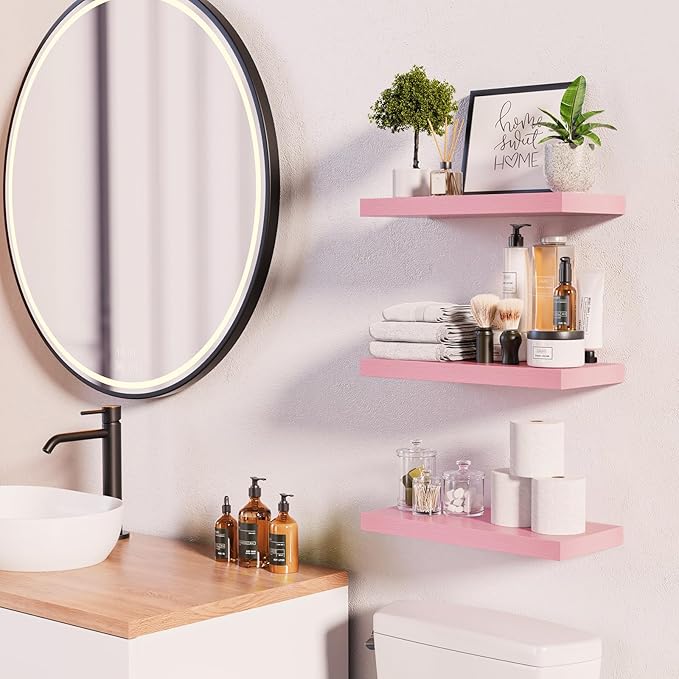 BAYKA Pink Floating Shelves for Wall Set of 3, 15.7in Wood Wall Shelves for - Image 2