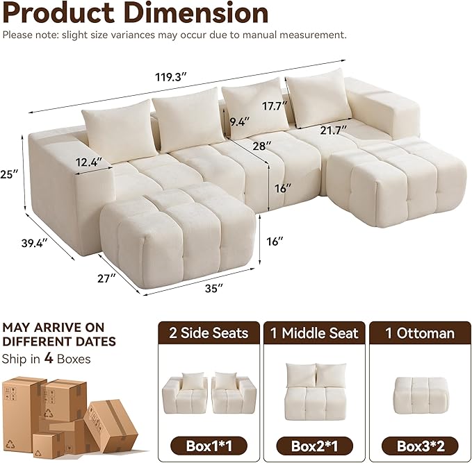 119" Boneless U-Shaped Sofa Couch - Image 2