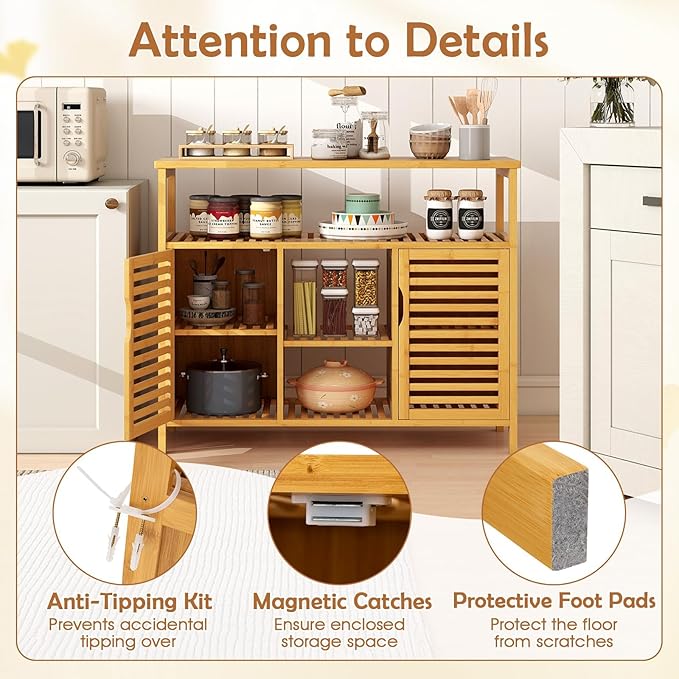 Giantex Bamboo Bathroom Storage Cabinet, 2-Door Storage Organizer - Image 6