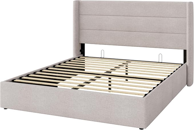Allewie Full Size Lift Up Storage Bed, Modern Wingback Headboard, Hydraulic - Image 9