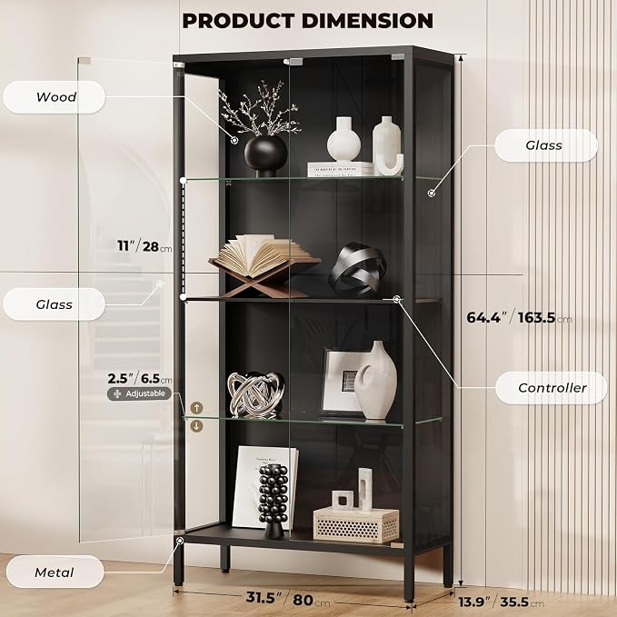 Display Cabinet with Glass Doors, 4-Tier Curio Cabinet with 3 Color Lights - Image 2
