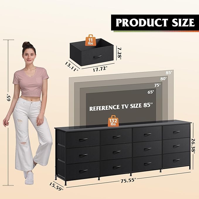 WLIVE 75.5'' Black Dresser for Bedroom, TV Stand for 85, 65 Inch TV, 12 Drawer - Image 3