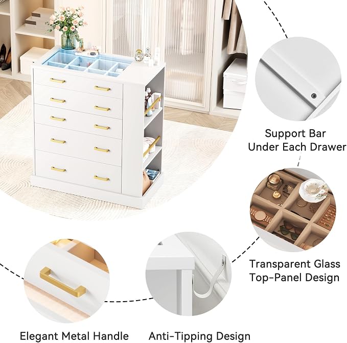 Drawer Dresser with LED Lights and Open Shelves, Modern Tall Chest of Drawers - Image 8