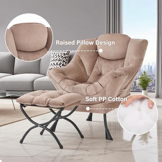 Tiita Lazy Chair with Ottoman, Khaki Modern Large Accent Chair, Comfy Leisure - Image 4
