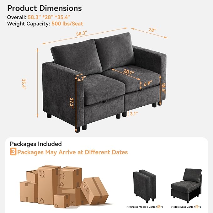 WUTUTUEE 58”Modular Sectional Loveseat Sofa, Modern Love Seat 2 Seater Sofa - Image 2