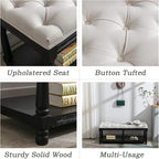Farmhouse Storage Bench Wooden Entryway Linen Upholstered Ottoman Button Tufted - Image 3