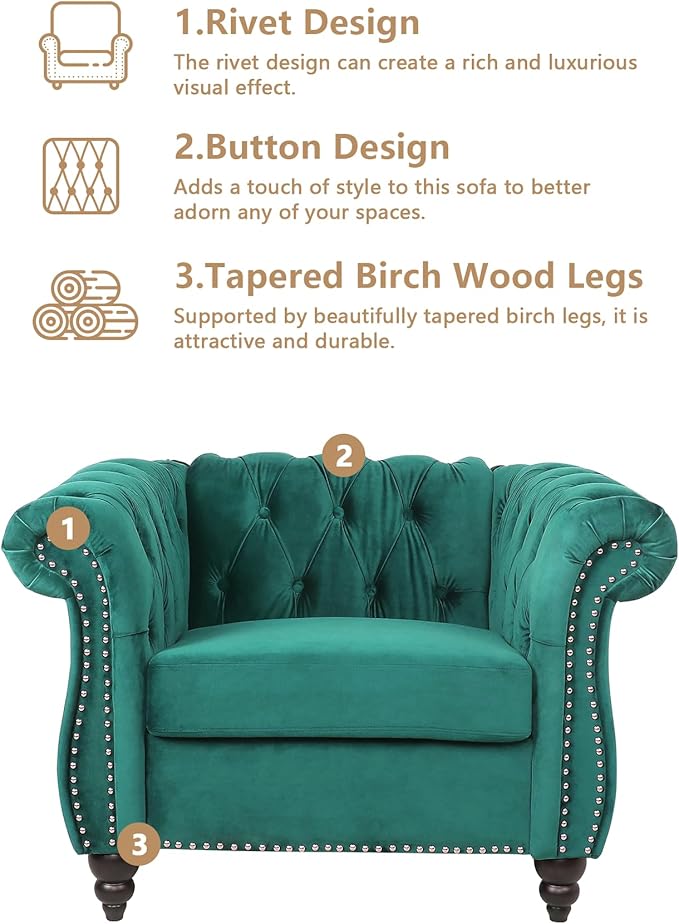 Living Room Chair, Modern Velvet Chesterfield Sofa Chair, Mid Century Single - Image 6