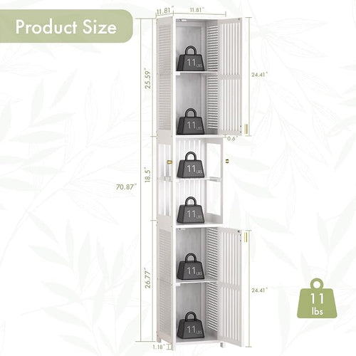 Amazer White Bathroom Storage Cabinet 70'', Bamboo Slim Storage Cabinet - Image 2