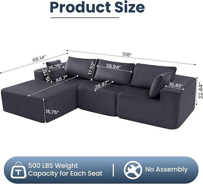 DUMOS 108" Boneless Couch, Cloud Sectional Couch - Image 3