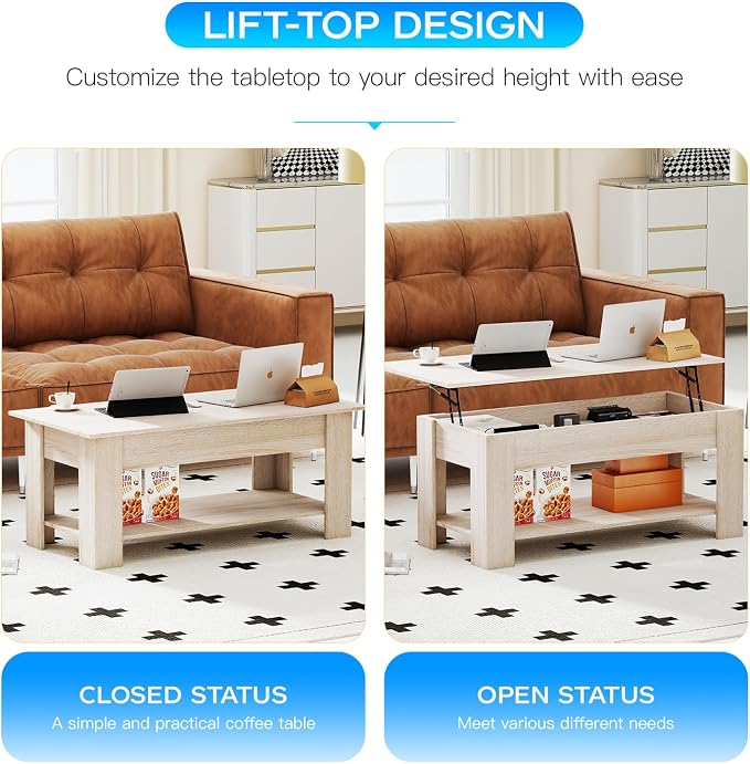 FDW Lift Top Coffee Table with Lift Tabletop Hidden Compartment and Storage - Image 4