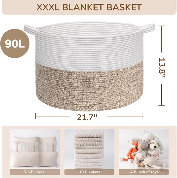INDRESSME Large Laundry Basket, 21.7'' x 13.8'' Cotton Rope Blanket Basket - Image 3
