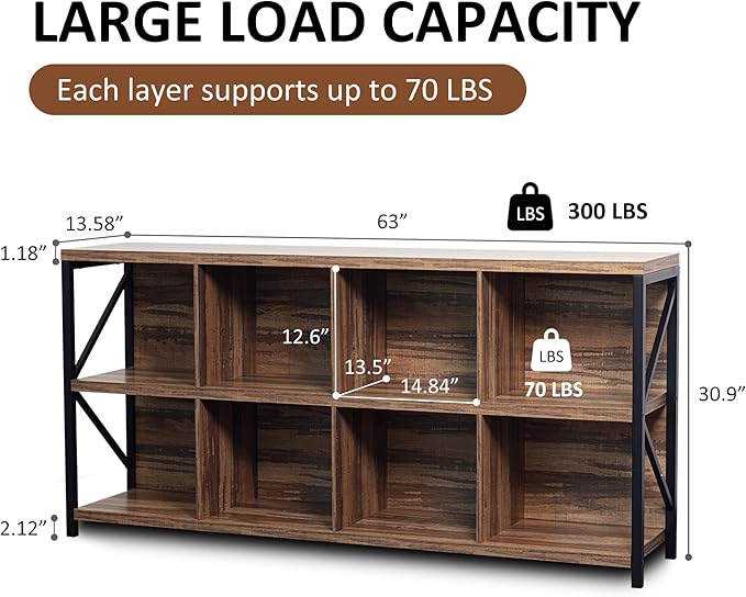 8 Cube Storage Organizer Bookshelf, Industrial Horizontal Bookcase, Accent - Image 2