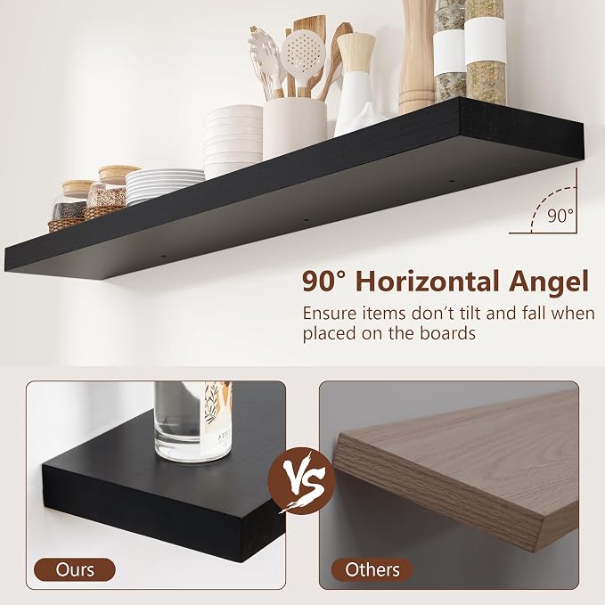fuqing Black Floating Shelves 48 Inch, Solid Wood Wall Mounted Shelves Set of 2 - Image 5