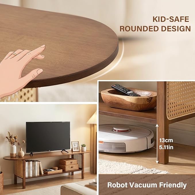 Welnow Walnut Rattan TV Stand for 65" TV, Mid Century Modern Entertainment - Image 5