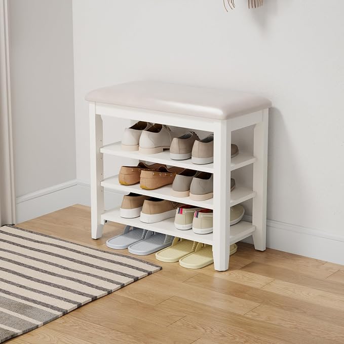 AQIMUELE Shoe Bench with Leather Cushion, 3 Tiers Shoe Storage Bench Height by AQIMUELE
