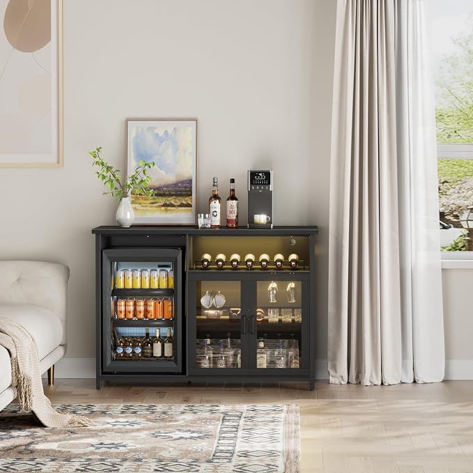 Wine Bar Cabinet with Mini Fridge Space, Sideboard Buffet Table - Image 4