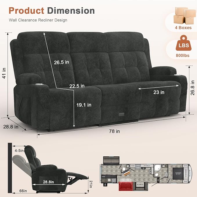 RV Loveseat Recliner Sofa, Massage Wall Hugger 3-Seater Recliners Couch - Image 2
