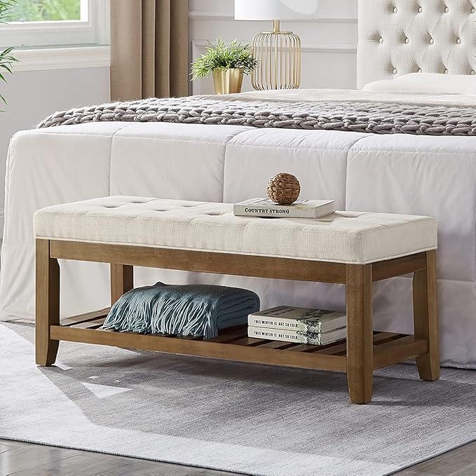 24KF Large Rectangular Upholstered Tufted Linen Ottoman Bench, Padded Bench by WEMARTHOMEDECOR