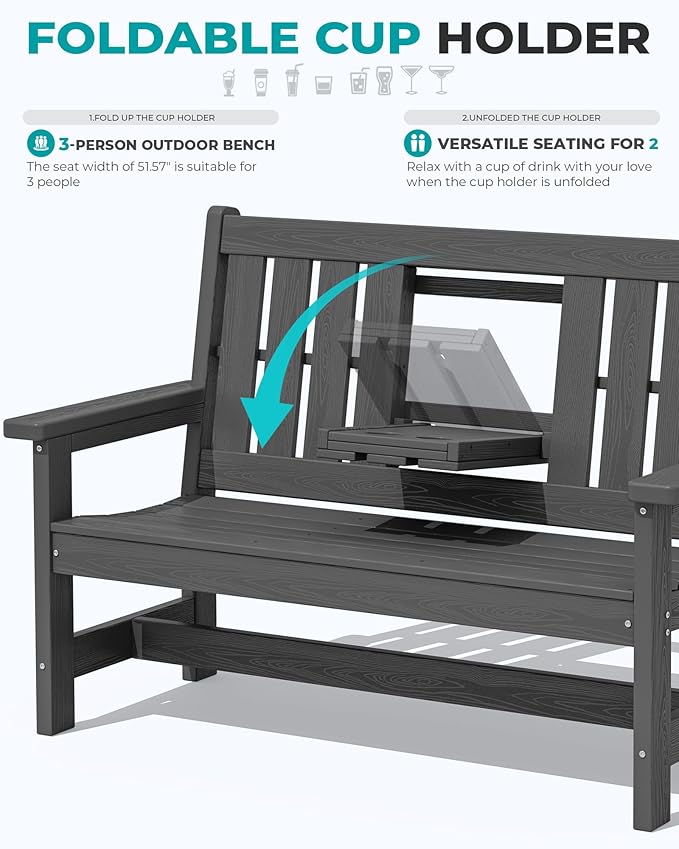 SERWALL Outdoor Bench with Cup Holder, Oversized 58" HDPE Porch Bench Suitable - Image 6