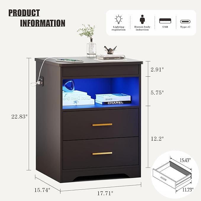 Night Stand with Gun Drawer, Charging Bedside Table with USB & Type-C Port - Image 2
