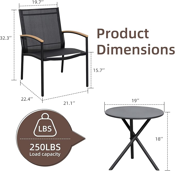 Shintenchi 3 Pieces Patio Bistro Sets, Outdoor Textilene Fabric Conversation - Image 6