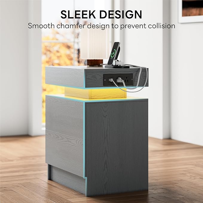 LIKIMIO Night Stand with Charging Station, Modern Grey Nightstand with LED - Image 3