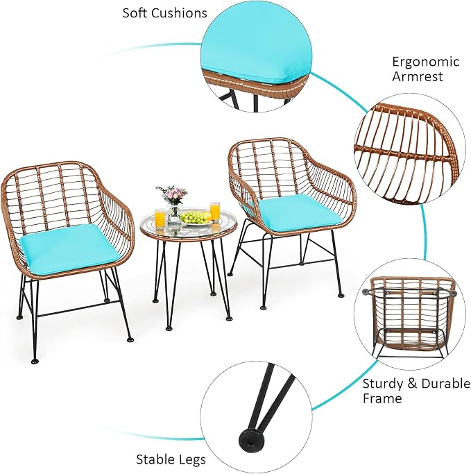 Tangkula 3 Pieces Patio Conversation Bistro Set, Outdoor Wicker Furniture - Image 7