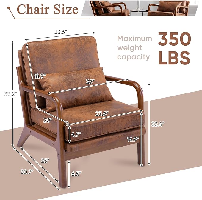 Mid Century Modern Accent Chair Set of 2 Living Room- Comfy Solid Wood Arm Chair - Image 2