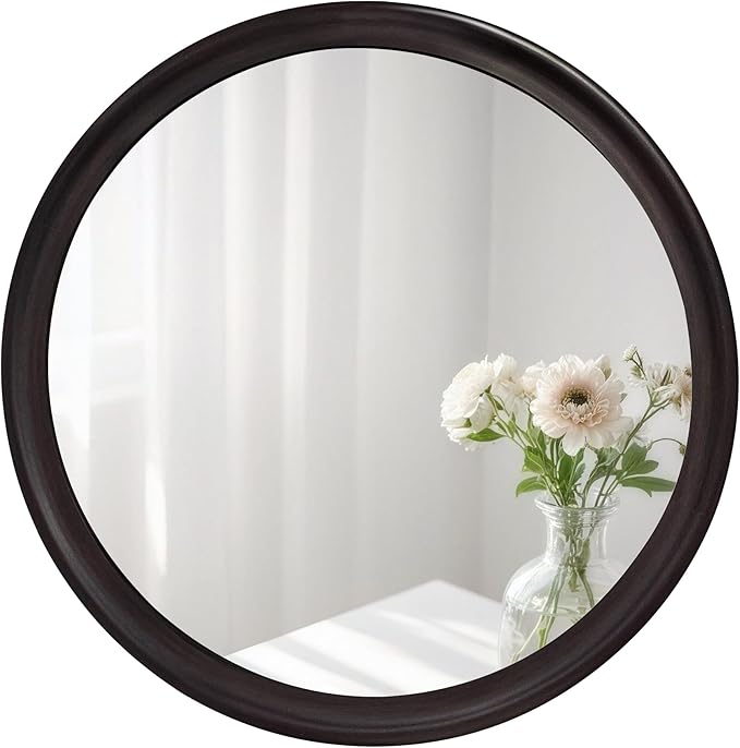 Round Mirrors 24 Inch, Rustic Decorative Transitional Dark Walnut Wall Mirror by WIOWUR