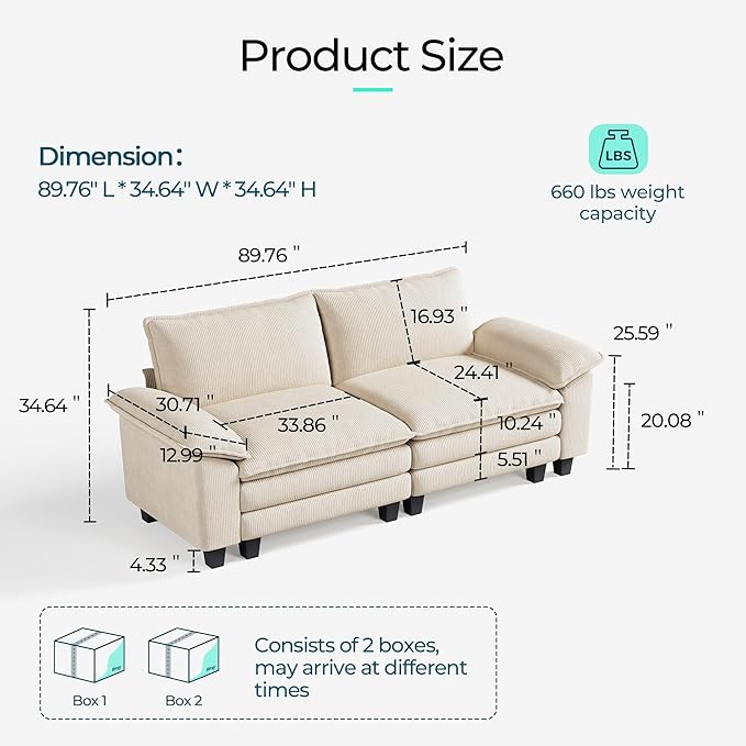 LINSY HOME 90" Modular Cloud Love Seat Sofa, Corduroy Soft Sectional Couch - Image 2