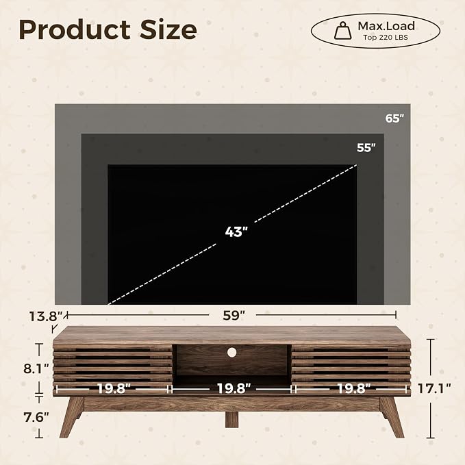 AODK 59" TV Stand for 55"/60"/65" TVs, Mid-Century Modern Fluted Entertainment - Image 3