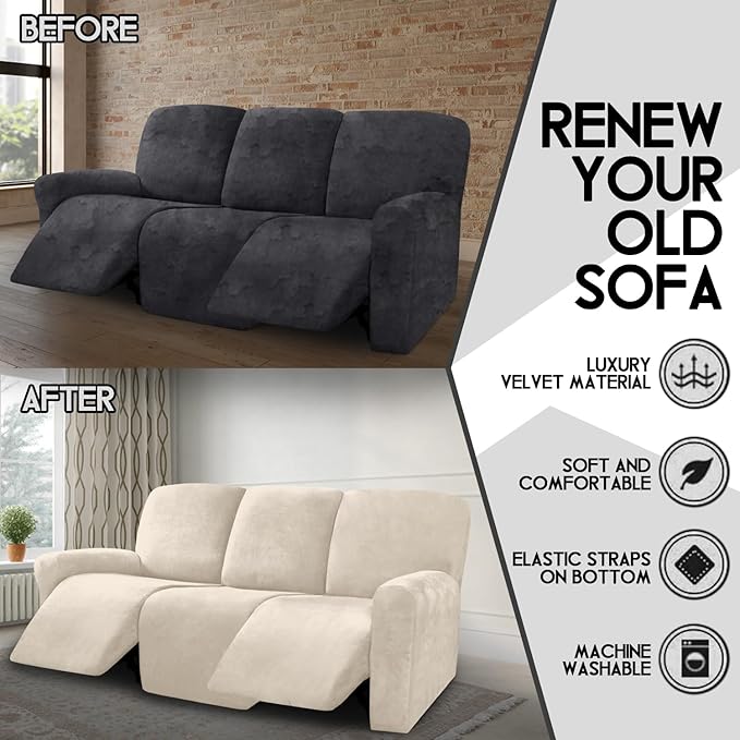 ULTICOR Velvet 8-Pieces Recliner Sofa Covers Stretch Reclining Couch Covers - Image 5