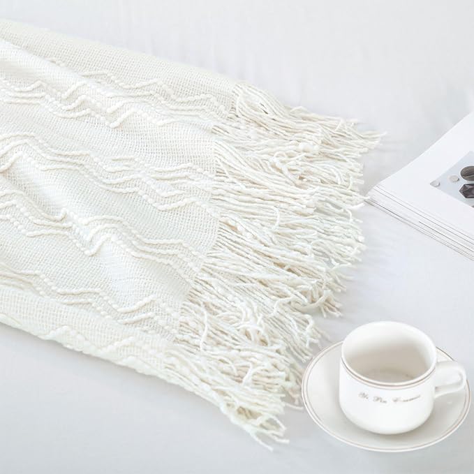 BOURINA Off White Throw Blanket 50 x90 Inches Throw Textured Solid Soft Sofa - Image 6
