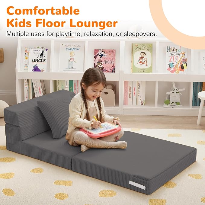 MeMoreCool Kids Folding Sofa Chair – Corduroy Floor Futon, Tri-Fold Mattress - Image 3