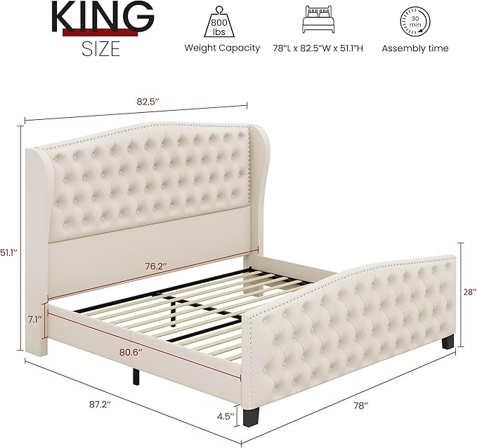 BRELTAM Upholstered King Size Bed Frame Velvet Beige Tufted Platform Bed Frame - Image 2