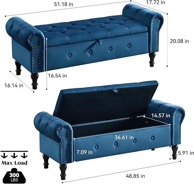 Storage Bench for Bedroom, Velvet 51" End of Bed Bench, Queen Size Bench - Image 2