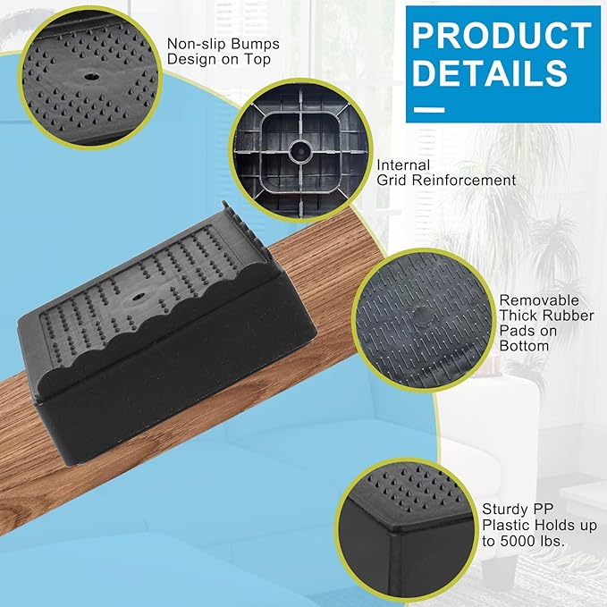 Bed Risers 1 inch, 2 inch, 3 inch, 4 inch Heavy Duty, Adjustable Furniture Riser - Image 5