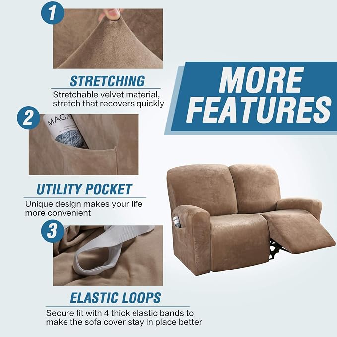 H.VERSAILTEX Velvet Stretch Recliner Couch Covers 6-Pieces Recliner Loveseat - Image 4
