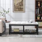 Farmhouse Storage Bench Wooden Entryway Linen Upholstered Ottoman Button Tufted - Image 4