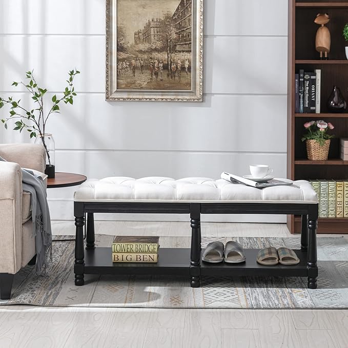 Farmhouse Storage Bench Wooden Entryway Linen Upholstered Ottoman Button Tufted - Image 4