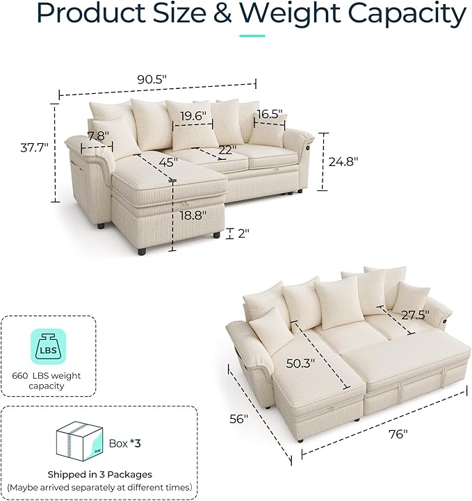 LINSY HOME 90.5'' Sectional Sleeper Sofa - Image 2