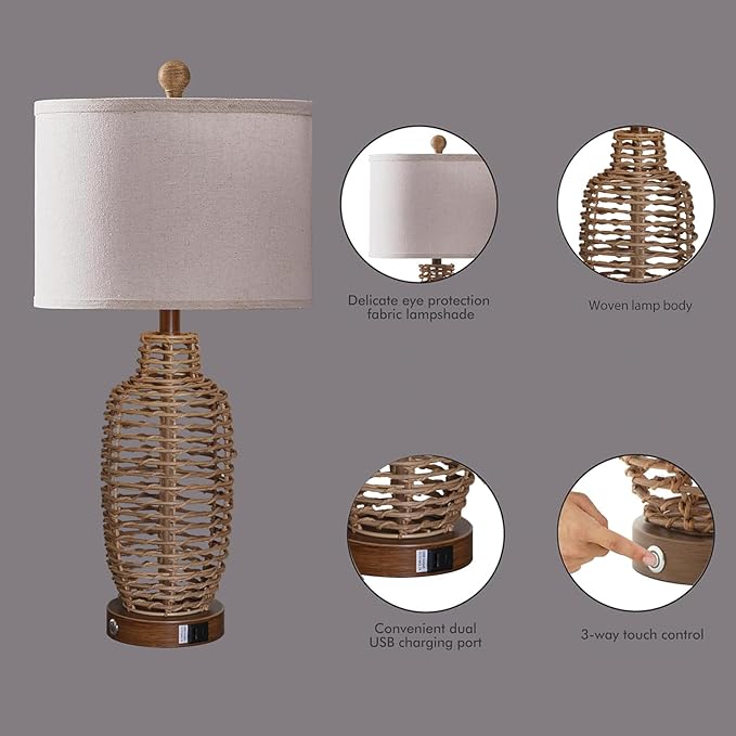 Rattan Table Lamps Set of 2 Wicker Lamps 3 Way Dimmable Touch Control Farmhouse - Image 6