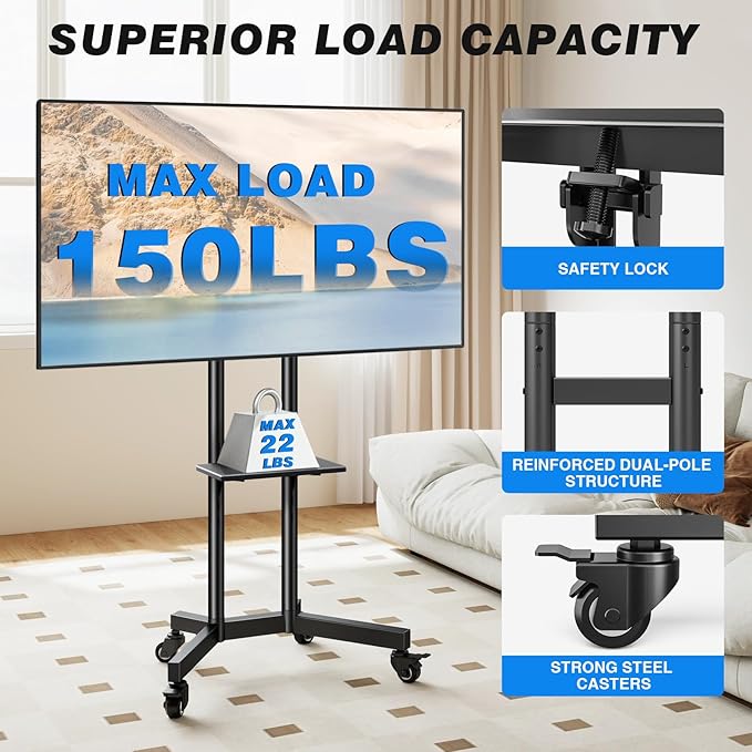 Rolling TV Stand with Shelf for 32-85 inch TVs up to 150lbs, Portable Mobile TV - Image 2